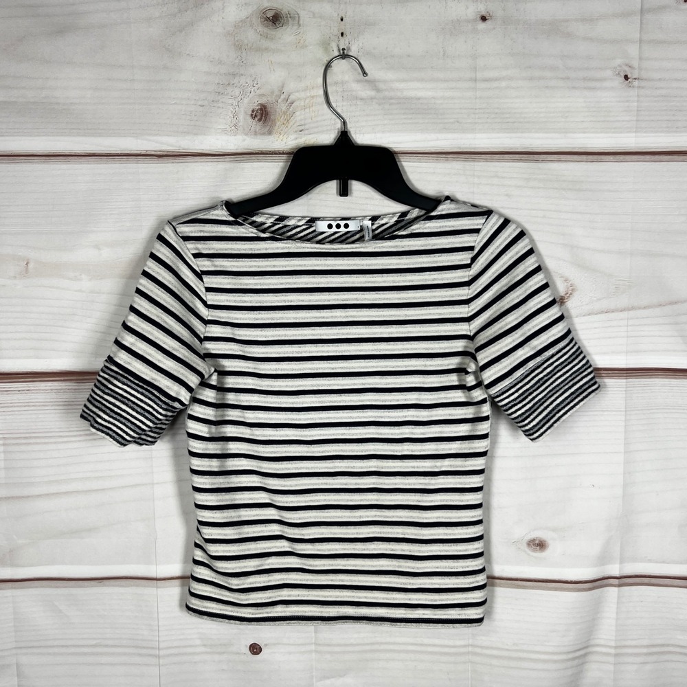 Three Dots Striped Top Womens Small Black White Crossover Back Tee Terry Knit
